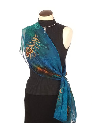 Peacock Madness Shear - Hand Painted Silk Scarf